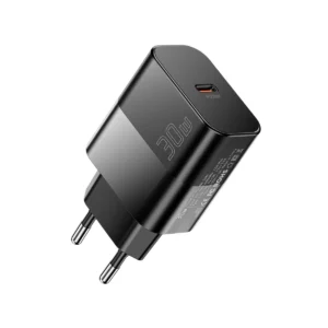 Svart USB-C nätadapter med text 30W och CE-märkning