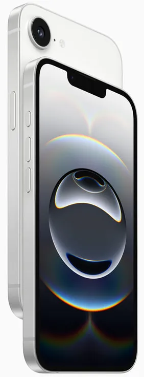 iPhone 16e, vit, fram- och baksida