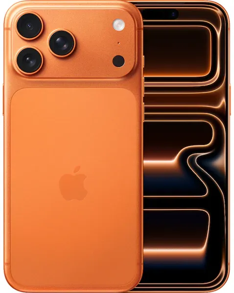 iPhone 17 pro Max, orange, fram- och baksida