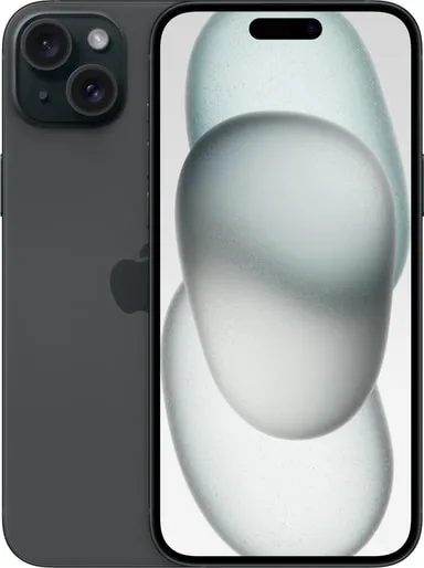 iphone 15 plus, svart, fram- och baksida