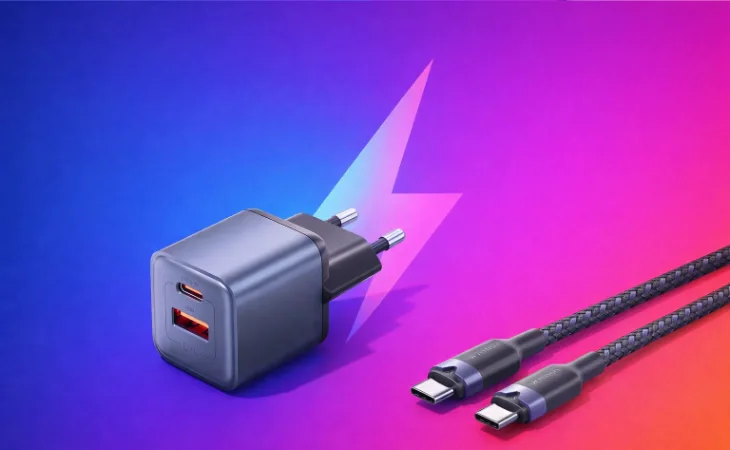 USB-C-laddare och USB-C-kabel mot bakgrund av Inkopplad.nu-logo