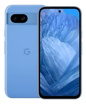 Google Pixel 8a, blå, fram- och baksida