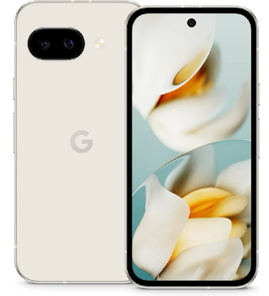 Google Pixel 9a, vit, fram- och baksida